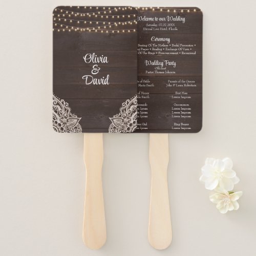 Rustic Brown Wood String Light Wedding Program Hand Fan