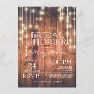 Rustic Brown Wood String Lights Bridal Shower Invitation