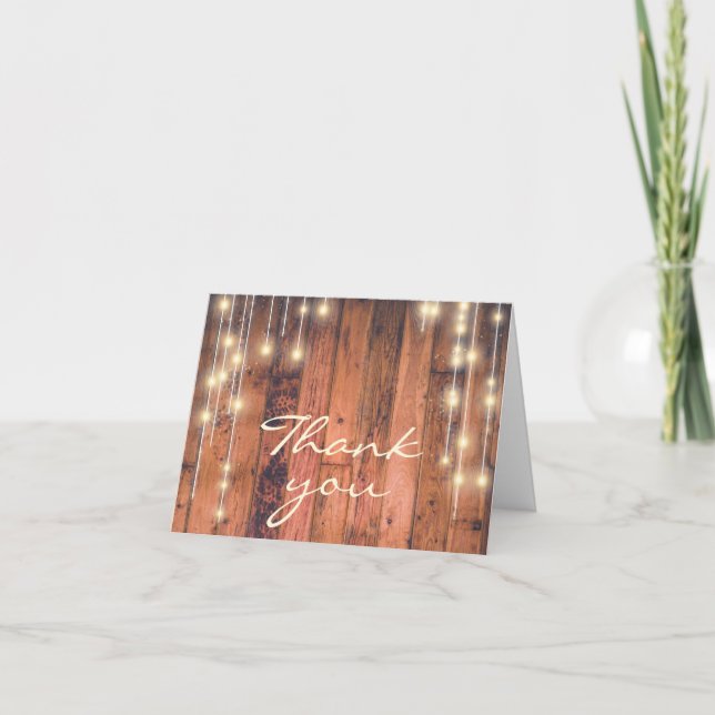 Rustic Brown Wood String Lights Letterpress Thank You Card (Front)