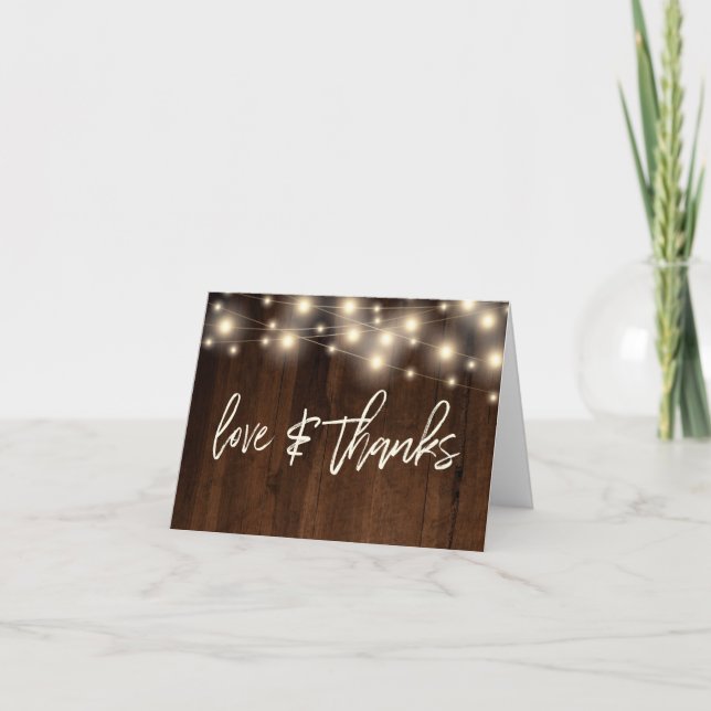 Rustic Brown Wood String Lights Letterpress Thank You Card (Front)