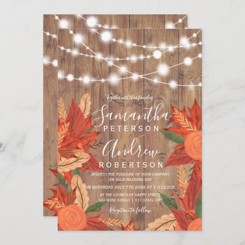 Rustic brown wood string lights orange wedding invitation