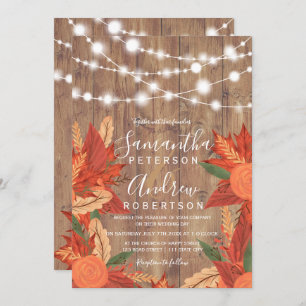 Rustic brown wood string lights orange wedding invitation