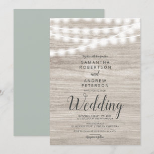 Rustic brown wood string lights simple wedding invitation