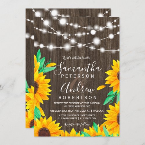 Rustic brown wood string lights sunflowers wedding invitation