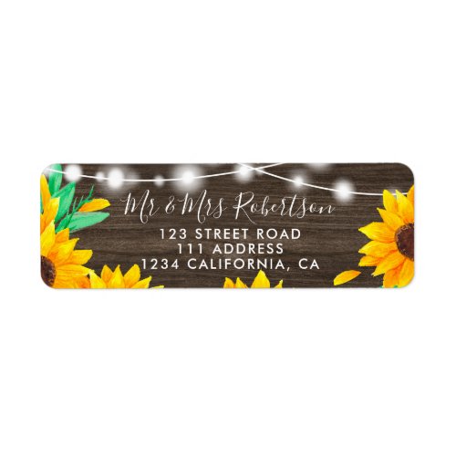 Rustic brown wood string lights sunflowers wedding label