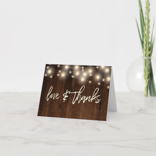 Rustic Brown Wood String Lights Thank You Card | Zazzle