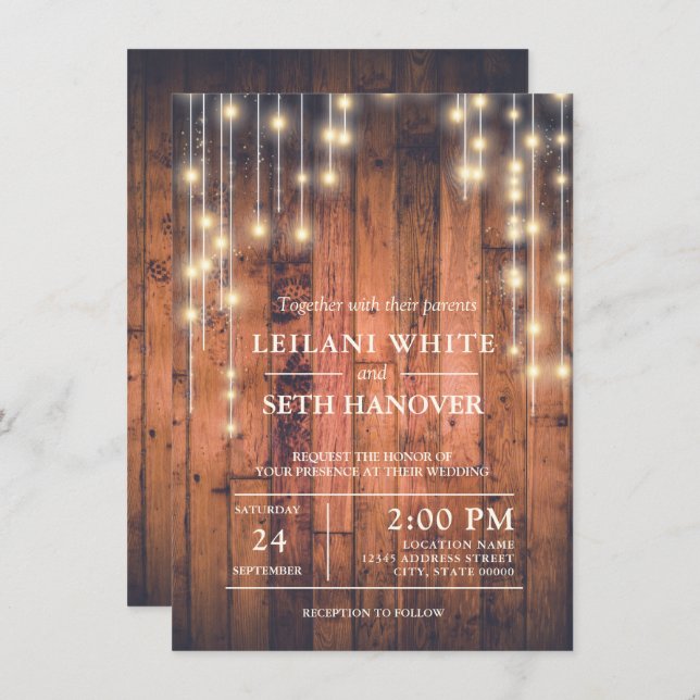 Rustic Brown Wood String Lights Wedding Invitation (Front/Back)
