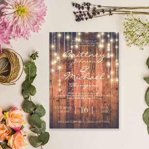 Rustic Brown Wood String Lights Wedding Invitation
