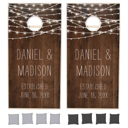 Rustic Brown Wood String Of Lights Bride Groom Cornhole Set