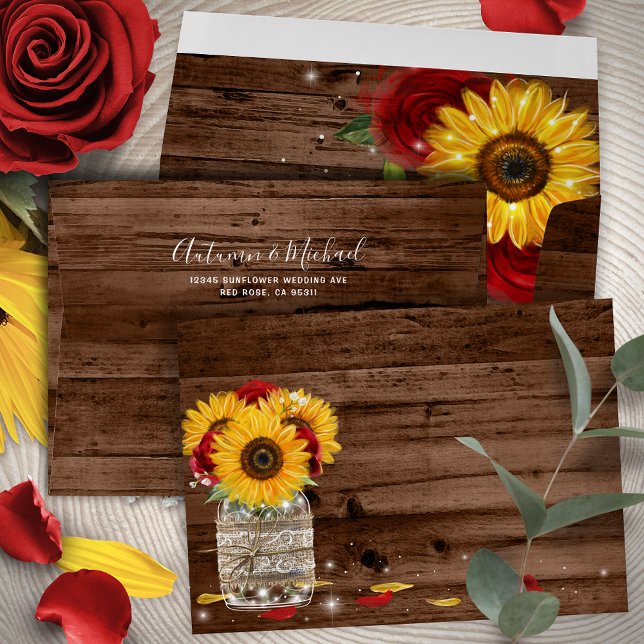 Rustic Brown Wood Sunflower and Red Rose Wedding Envelope (Personalize your own sunflower and red rose wedding return address envelopes with rustic brown wood.)