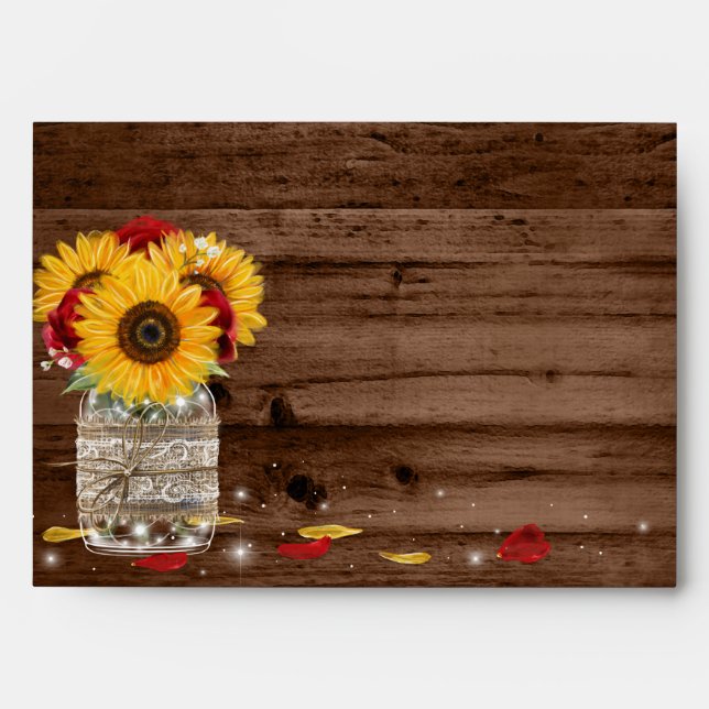 Rustic Brown Wood Sunflower and Red Rose Wedding Envelope (Front)