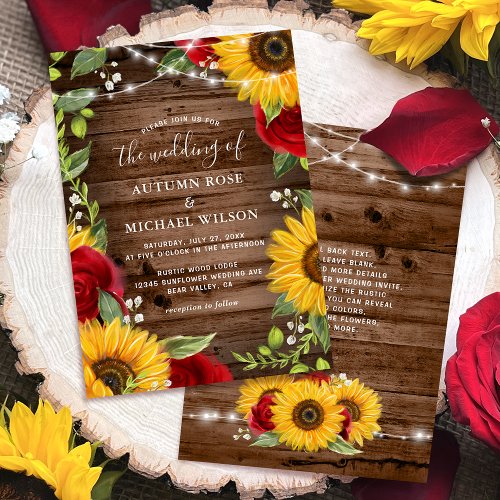 Rustic Brown Wood Sunflower and Red Rose Wedding Invitation