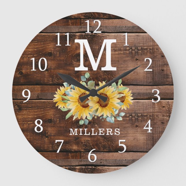 Rustic Brown Wood Sunflower Family Name Monogram  Large Clock (Front)