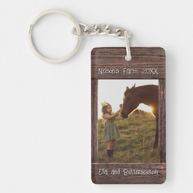 Rustic Brown Wood Text Editable Faux Photo Frame Keychain (Front)