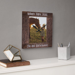 Rustic Brown Wood Text Editable Faux Photo Frame Square Wall Clock