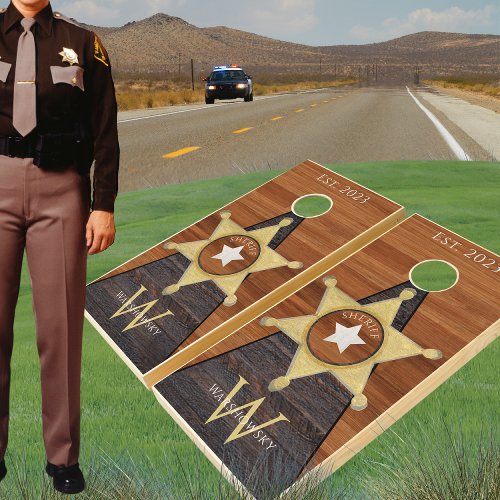 Rustic Brown Wood tone Sheriff Badge Star Cornhol Cornhole Set