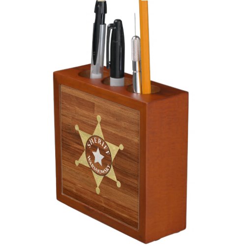 Rustic Brown Wood Tone Sheriff Badge Star Desk Organizer