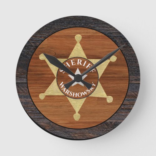 Rustic Brown Wood Tone Sheriff Badge Star  Round Clock