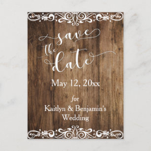 Rustic Brown Wood w Fancy Typography Save the Date Announcement Postcard