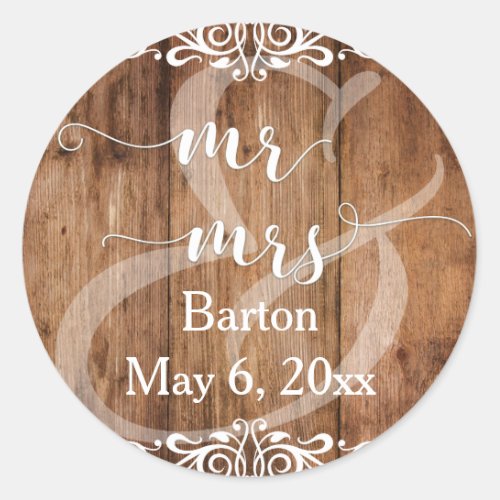 Rustic Brown Wood w Lace_Like Scrollwork Mr  Mrs Classic Round Sticker