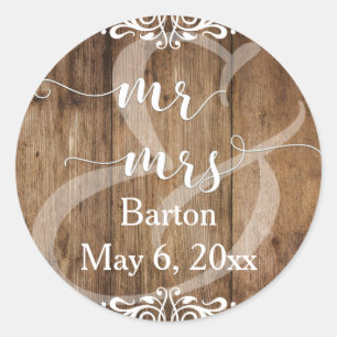 Rustic Brown Wood w/ Lace-Like Scrollwork Mr & Mrs Classic Round Sticker