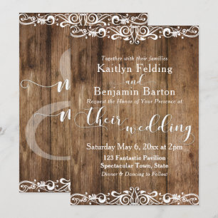 Rustic Brown Wood w Lace-Like Scrollwork Wedding 2 Invitation