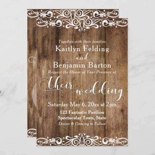Rustic Brown Wood w Lace_Like Scrollwork Wedding 2 Invitation