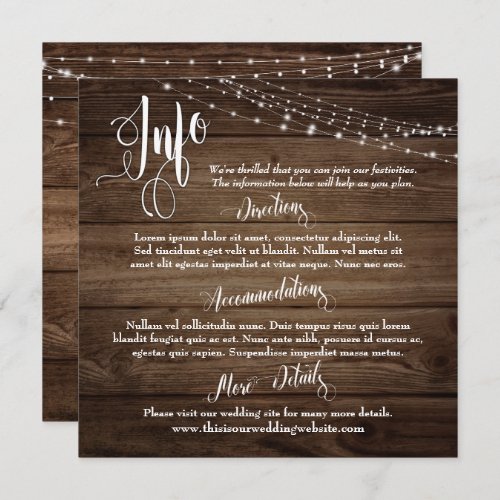 Rustic Brown Wood w Lights Wedding Info Script Invitation
