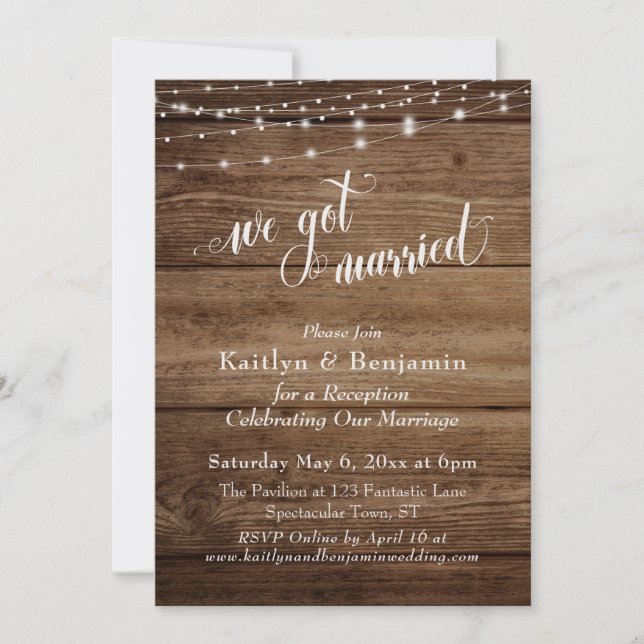 Rustic Brown Wood w/ Lights Wedding Reception Only Invitation (Front)