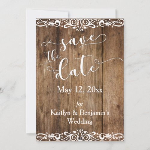Rustic Brown Wood w Scrollwork Save the Date