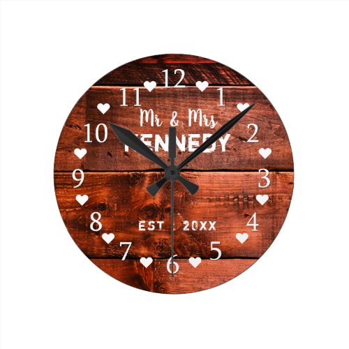Rustic Brown Wood Wedding Anniversary Round Clock