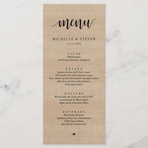 Rustic Brown Wood Wedding Elopement Dinner Menu