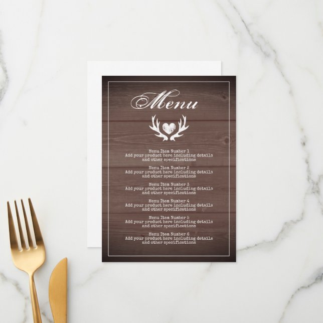 Rustic brown wood wedding reception dinner menu (Front/Back In Situ)