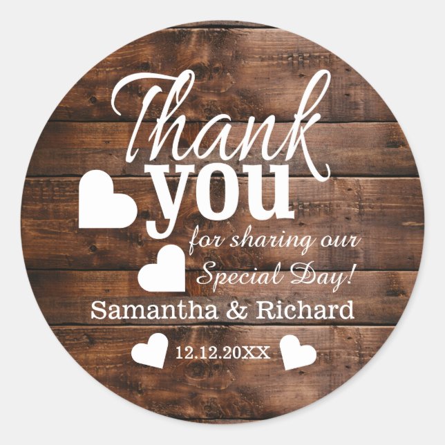 Rustic Brown Wood Wedding Thank You Classic Round Sticker (Front)