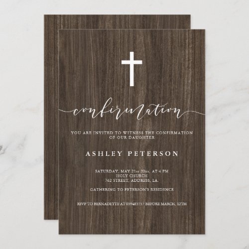 Rustic brown wood white cross confirmation invitation