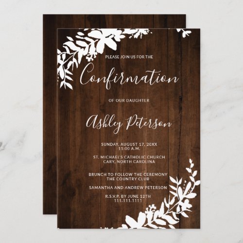 Rustic brown wood white floral confirmation invitation