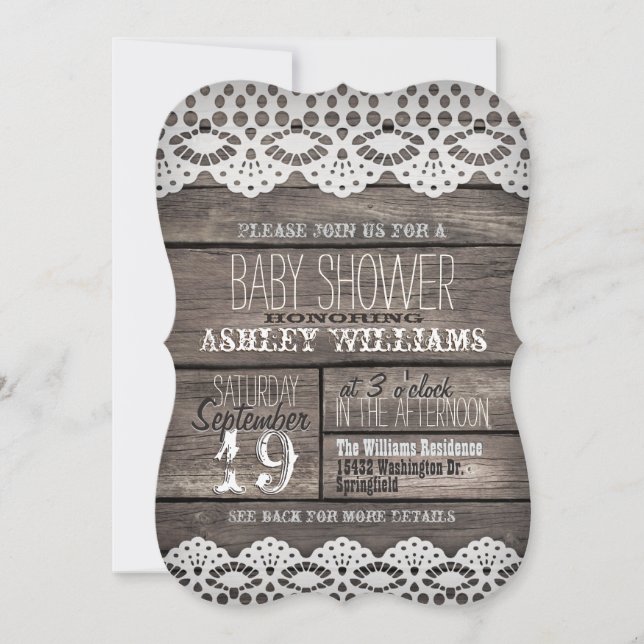 Rustic Brown Wood & White Lace Baby Shower Invitation (Front)