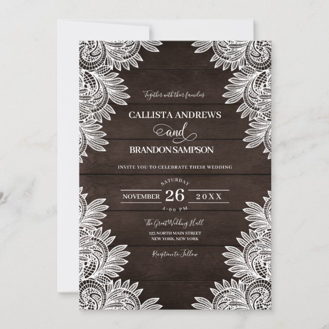 Rustic Brown Wood White Lace Country Wedding Invitation (Front)