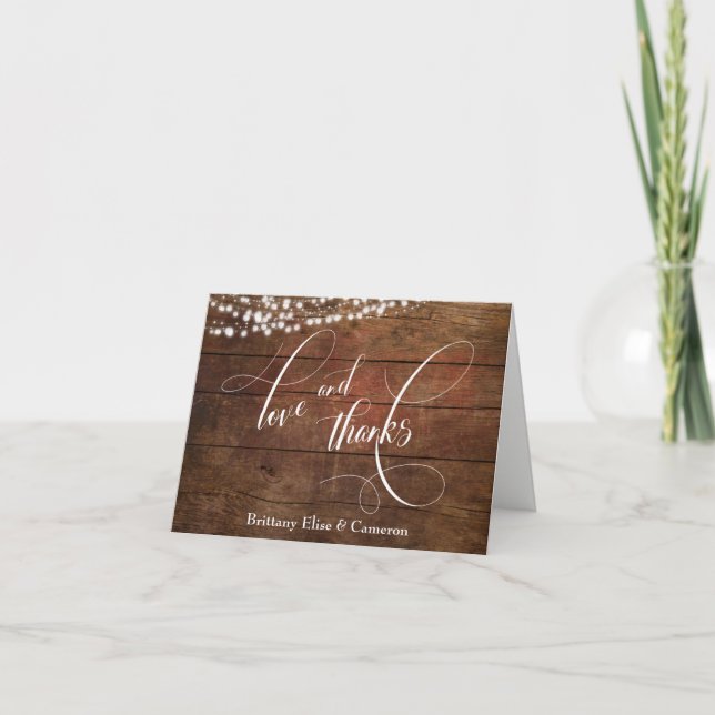 Rustic Brown Wood, White Light Strings Elegant Thank You Card (Front)