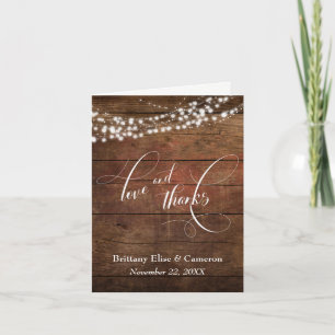 Rustic Brown Wood, White Light Strings Elegant Thank You Card