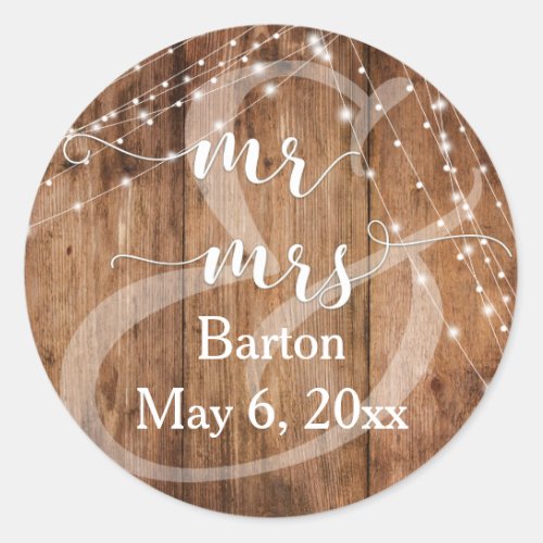 Rustic Brown Wood White Light Strings Mr  Mrs Classic Round Sticker