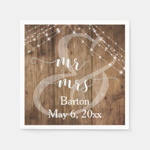 Rustic Brown Wood, White Light Strings Mr & Mrs Napkins