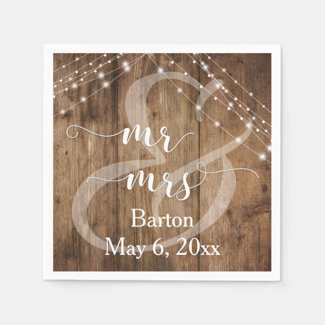 Rustic Brown Wood, White Light Strings Mr & Mrs Napkins (Front)