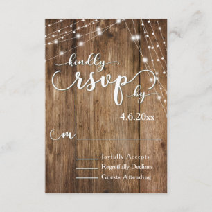 Rustic Brown Wood, White Light Strings RSVP Card
