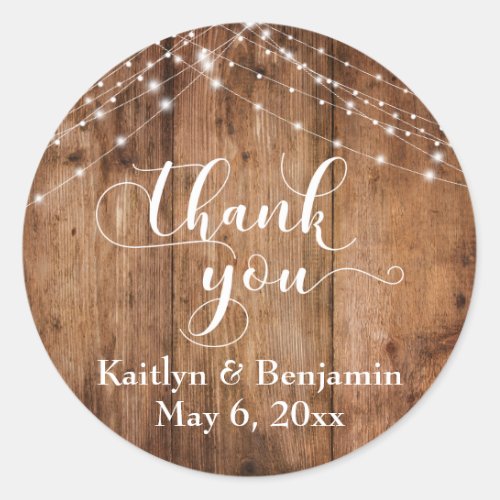 Rustic Brown Wood  White Light Strings Thank You Classic Round Sticker