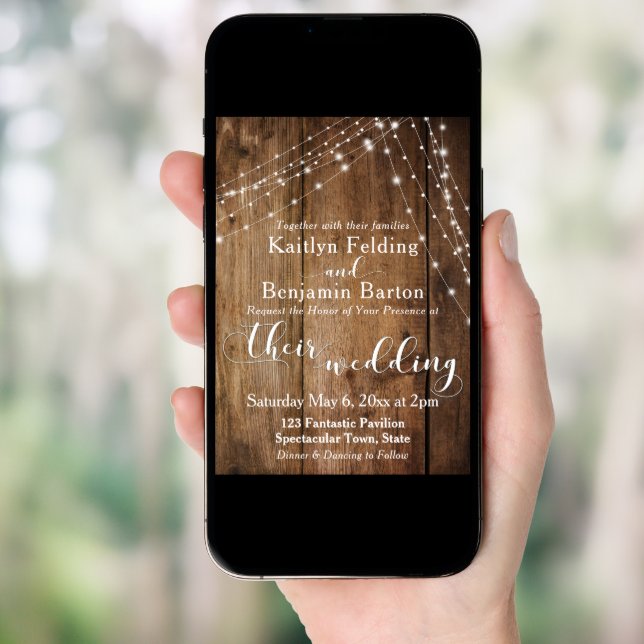 Rustic Brown Wood, White Light Strings Wedding 2 Invitation (Front Digital)
