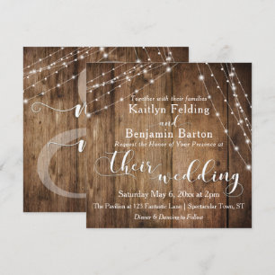 Rustic Brown Wood, White Light Strings Wedding 2b Invitation