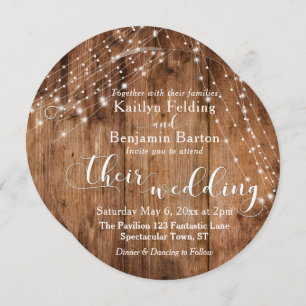 Rustic Brown Wood, White Light Strings Wedding 2c Invitation