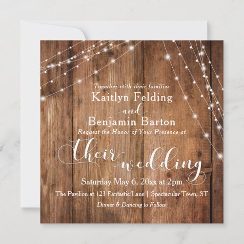 Rustic Brown Wood White Light Strings Wedding 2c Invitation