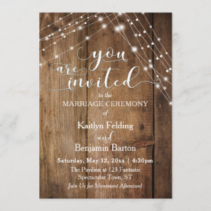 Rustic Brown Wood, White Light Strings Wedding Invitation